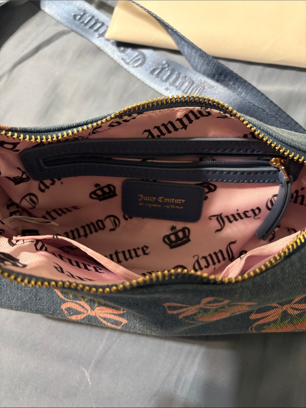 Juicy Couture Blue Denim Strawberry Bow Mini Shoulder Bag with Charms nwt nice - Picture 13 of 16